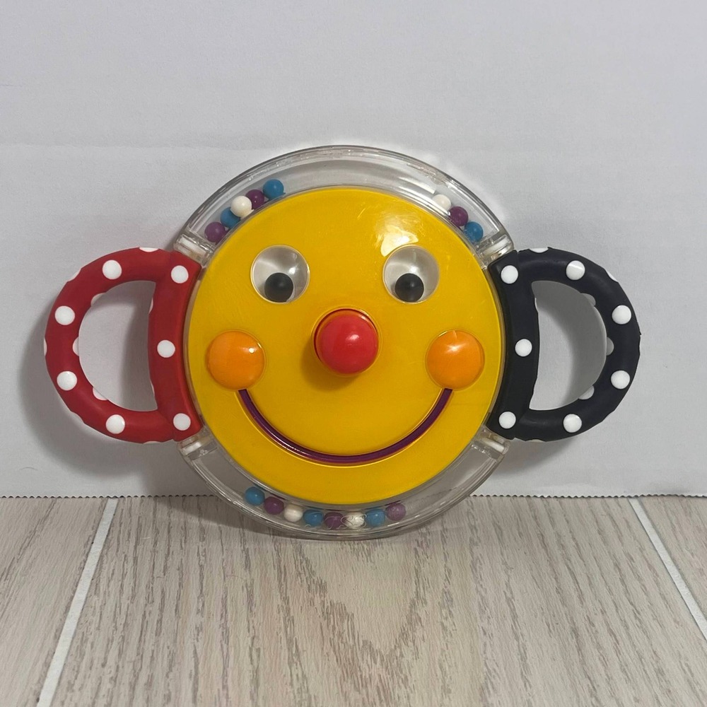 Sassy Baby Rattle Yellow Smiley Face Mirror Polka Dot REd Black Handles squeak